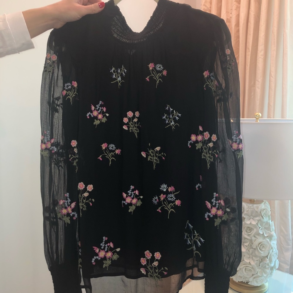 SUNDANCE embroidered black sheer blouse